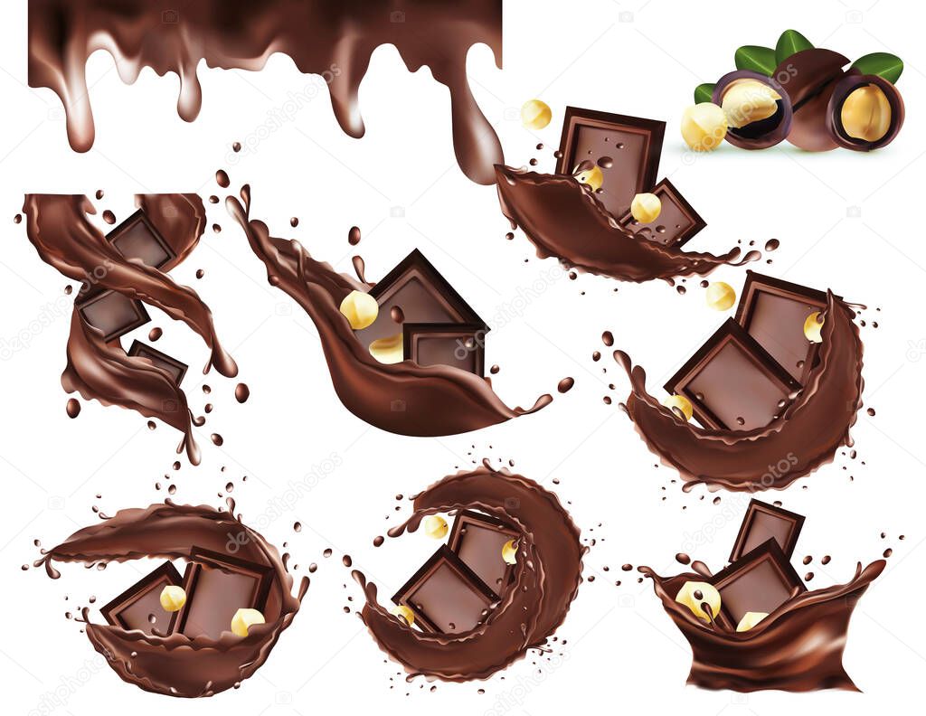 Chocolate splash with nuts macadamia. Piece chocolate with drops on transparent background. Chocolate paste. Cocoa. Chocolate bar. Set realistic illustration.