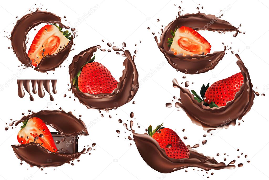 3d realistic chocolate splash with strawberry. Collection strawberries covered in chocolate. Sweet chocolate dessert on white background. Beautiful illustration.