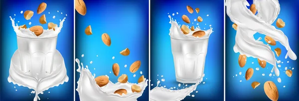 Latte di mandorla in un bicchiere. Latte di mandorla biologico. Collezione Modello etichetta latte. Illustrazione 3d . — Foto Stock