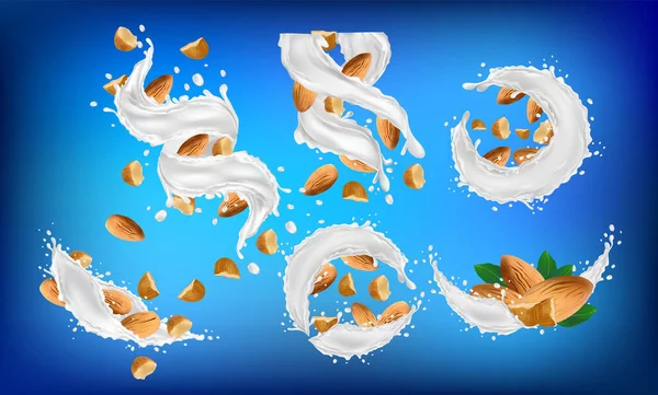 Milk splash with nuts. Almond milk. Pieces of almond with milk splashing on blue background. 3d illustration.