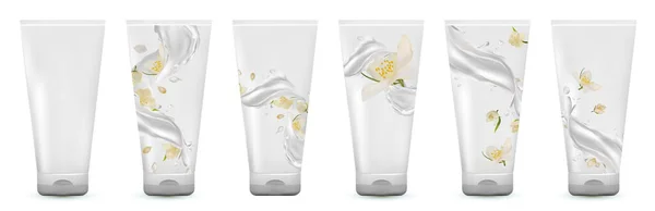 Collection jasmine cream. Milk splash with flower jasmine. 3D realistic jasmine. Bunch beautiful white flowers. Fragrant jasmine. Illustration — Stock Photo, Image