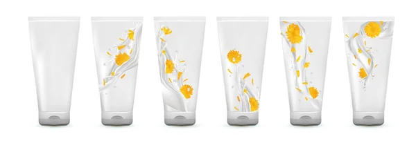 Collection calendula cream in tube. Milk splash with flower marigold. Cosmetic product. Realistic calendula. 3d illustration — Stock Photo, Image