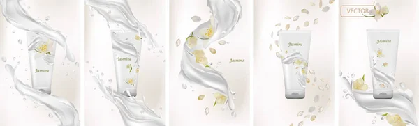 Colección crema de jazmín. Salpicadura de leche con jazmín de flor. Jazmín 3D realista. Ramo de hermosas flores blancas. Jazmín fragante. Ilustración — Foto de Stock