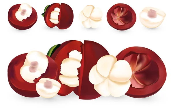 Conjunto de mangostán sobre fondo blanco. Frutas recién recogidas. Mangostán realista son enteros y cortados por la mitad. Producto natural. Ilustración 3D . —  Fotos de Stock