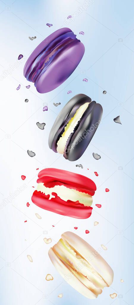 Collection colorful macaroon in motion isolated on blue background. Different sweet french macaroons close up. Falling macaroons. Sweet dessert. 3d illustration