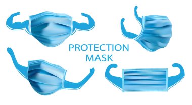 Tıbbi Maske Koruma Koleksiyonu. Beyaz arkaplanda farklı açılardan izole edilmiş üç boyutlu gerçekçi maske. Dünya salgını. İllüstrasyon