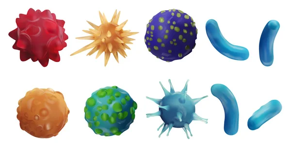 Choroby wirusowe. Streszczenie wirusa tła. Ustaw wirusa. Zestaw ikon wirusa. Infekcja grypa, pneumonia.Bakterie, drobnoustroje grzyby. Niebezpieczeństwo dla żywego organizmu.Wirusy pod mikroskopem.Ilustracja 3D — Zdjęcie stockowe