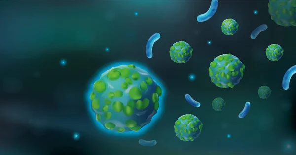 COVID-19生体に害を及ぼすウイルス。細胞環境に浮遊する顕微鏡観察ウイルス。感染性マイクロウイルス学。インフルエンザの感染症。バナーだ。3Dイラスト. — ストック写真