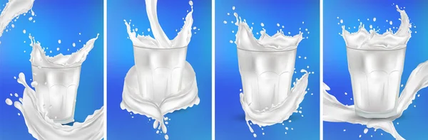 Leite em um copo transparente. Espalhe leite no fundo azul. Leite de cocktail. Leite fresco realista salpicando. Ilustração 3D. — Fotografia de Stock