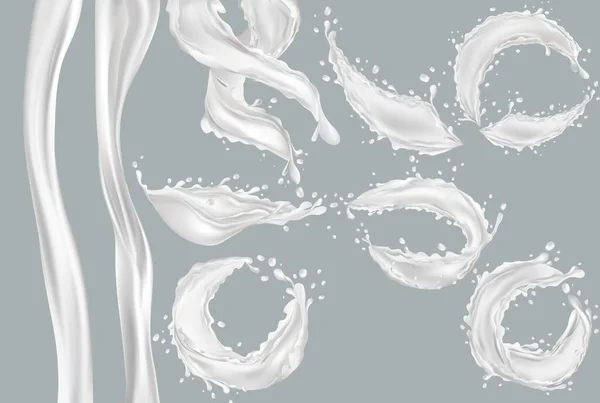 3D realistic splash of milk. Collection twisted fresh milk with drop. Cocktail milk. Yogurt, dessert. Set Illustration — Stock Photo, Image