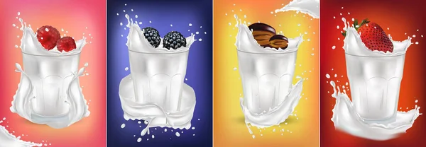 3D splash realista com frutas frescas. Morango, framboesa, ameixa, amora. Cocktail de frutas. Iogurte de leite e frutas. A espalhar leite. Ilustração . — Fotografia de Stock