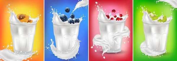 Spruzzi di latte realistici 3D con frutta fresca. Mirtillo, albicocca, ribes rosso, kiwi. Cocktail di frutta su vetro. yogurt al latte e frutta. Spruzzando latte. Illustrazione — Foto Stock