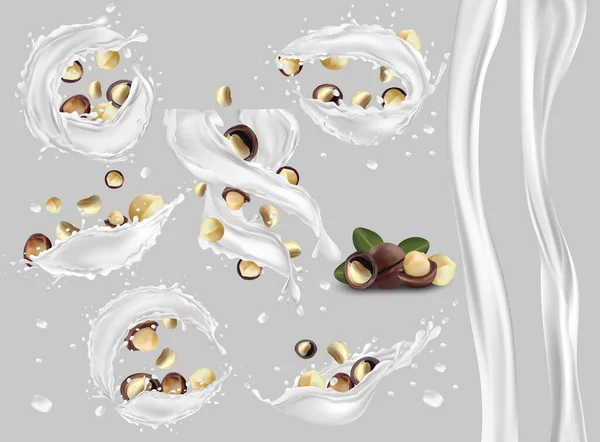 Молочный всплеск с орехами. Молочный коктейль. Десерт из сладкого. 3D реалистичные орехи с брызгами. Органический веган. Иллюстрация . — стоковое фото
