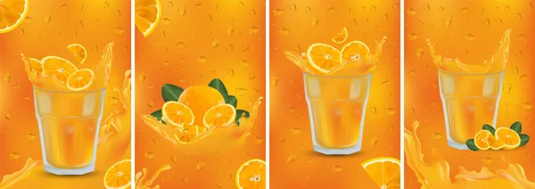 Апельсиновый Свежий апельсин с фруктами. 3D реалистичный фруктовый сок. Оранжевый нарезанный зеленым листом. Набор иллюстраций . — стоковое фото