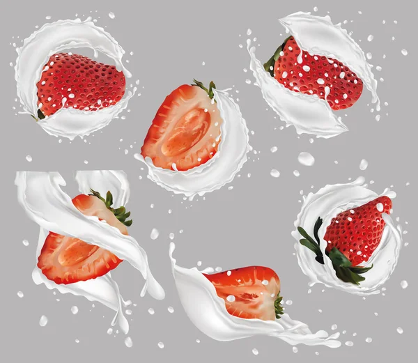 3D realistische melk splash met aardbei. Verzamel aardbeien bedekt met melk. Zoet melkdessert. Melkcocktail. Biologisch veganistisch. Illustratie. — Stockfoto