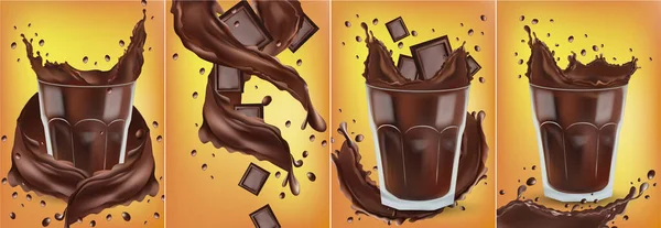 3D realistic chocolate splash in the transparent glass with pieces chocolate. Splashing dark chocolate. Hot chocolate, cocoa, cocktail or coffee drink. Banner.Illustration for design label. — Stock Photo, Image