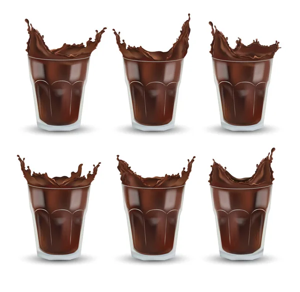 Salpicadura de chocolate realista en el vidrio transparente. Gran colección de cacao o café. Bebida de chocolate, cóctel aislado sobre fondo blanco. Set de iconos. ilustración 3d —  Fotos de Stock