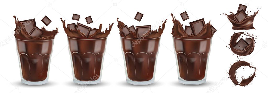 Realistic chocolate splash in the white glass with pieces chocolate. Big collection cocoa or coffee. Splashing dark chocolate. Hot chocolate, drink, cocktail. Icon set.3d illustration