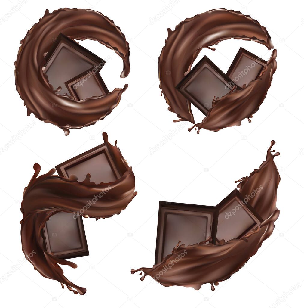 Chocolate bar, cocoa butter, pastry sweets with splashing and whirl chocolate liquid. Pieces of chocolate, which with drops on white background. 3d illustration