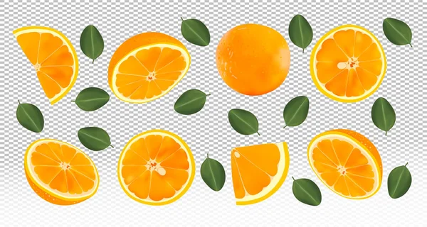 Naranja fresco realista 3D con hojas verdes.Naranja que cae sobre fondo transparente. Los frutos de naranja voladores son enteros y cortados por la mitad. Ilustración vectorial. — Vector de stock