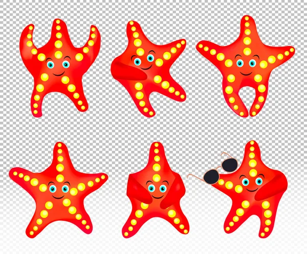 Bintang laut di latar belakang transparan. Bintang laut dengan kacamata hitam. Koleksi bintang laut. Karakter kartun. vektor 3d - Stok Vektor