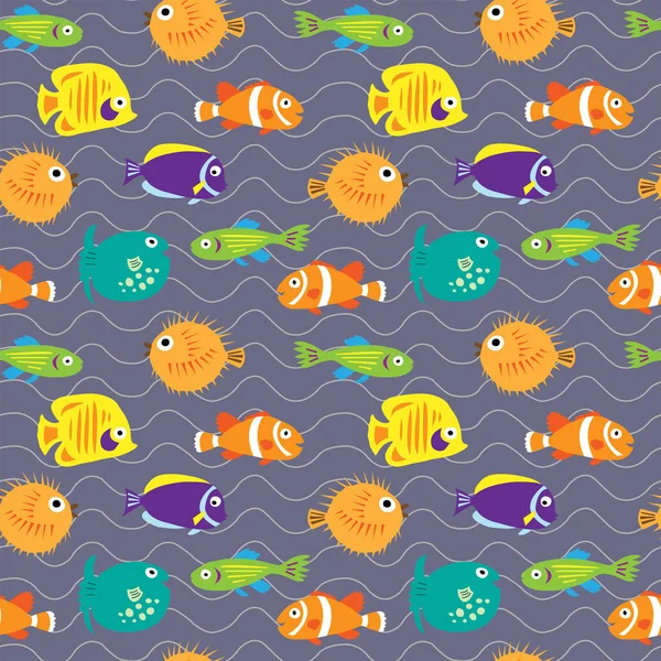 Seamless pattern with fish on the waves — Stock Vector