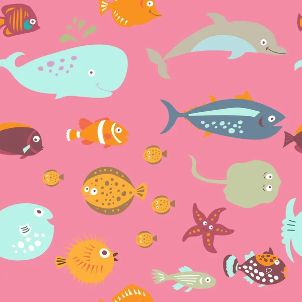 Seamless texture on the marine theme in the children's style — Stock Vector