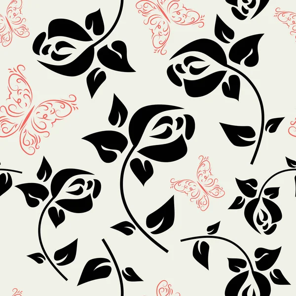 Modèle floral sans couture avec des roses et des papillons — Image vectorielle