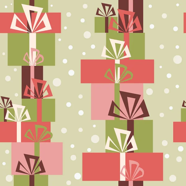 Бесшовный орнамент с разнообразными рождественскими подарками и снегом — стоковый вектор