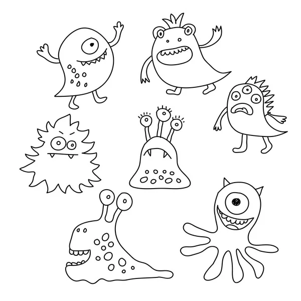 Set of different monsters painted black outline — Stock Vector