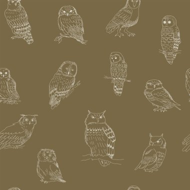 Kahverengi bir arka plan üzerinde sevimli baykuşlar seamless modeli