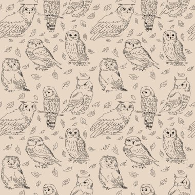 Baykuşlar ve vahşi orman yaprakları ile Seamless Modeli