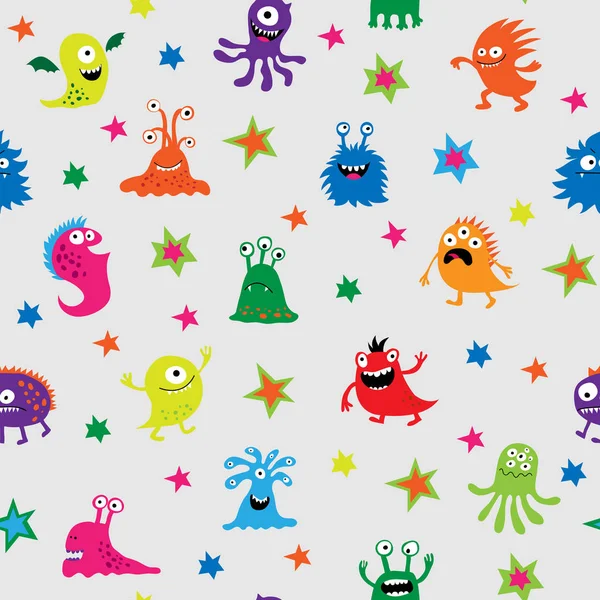 Cute seamless pattern with different cheerful monsters and stars — Stock Vector