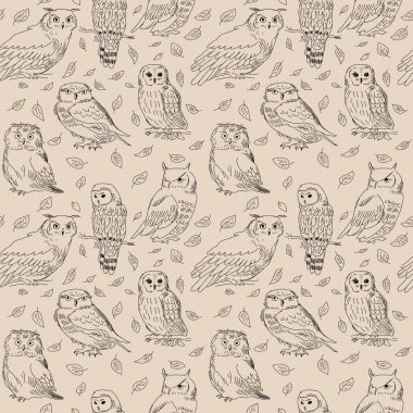 Baykuşlar ve vahşi orman yaprakları ile Seamless Modeli