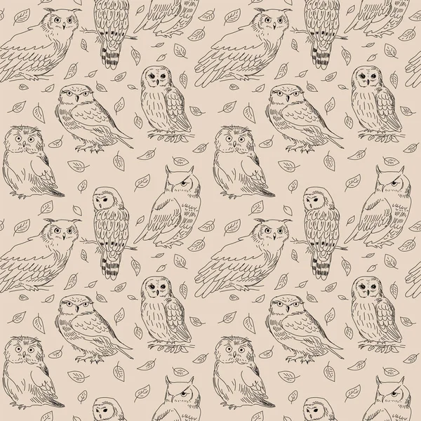 Seamless pattern with owls and wild forest leaves Stock Illustration