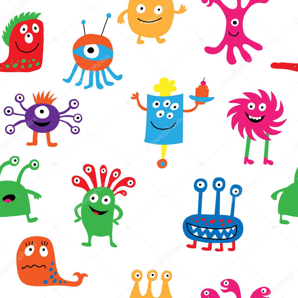 Cute seamless pattern with different cheerful monsters