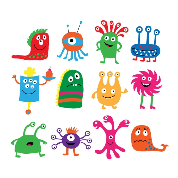 Collection of different colored cute funny monsters — Stock Vector