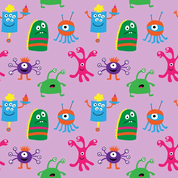 Seamless pattern with cute monsters on a pink background — Stock Vector