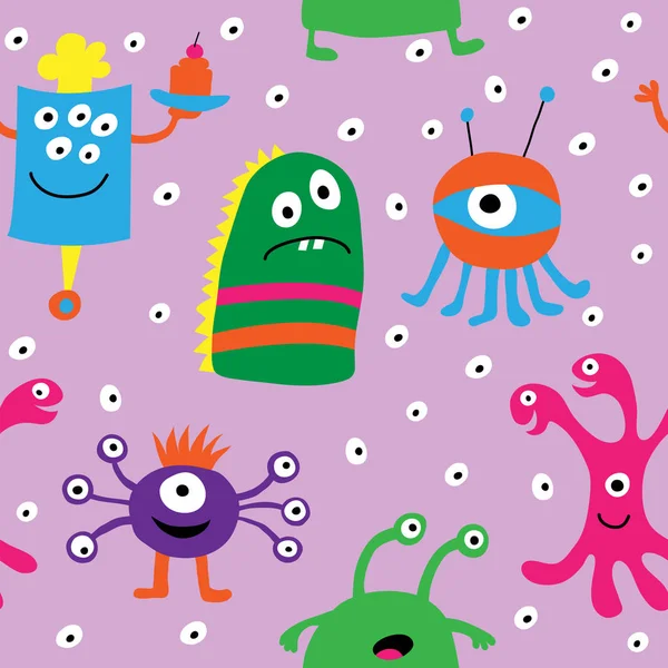 Seamless pattern with funny monsters on a pink background — Stock Vector