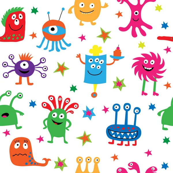 Cute seamless pattern with monsters and stars — Stock Vector