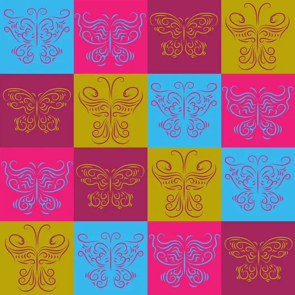 Stylish abstract pattern of multicolored butterflies in squares — Stock Vector