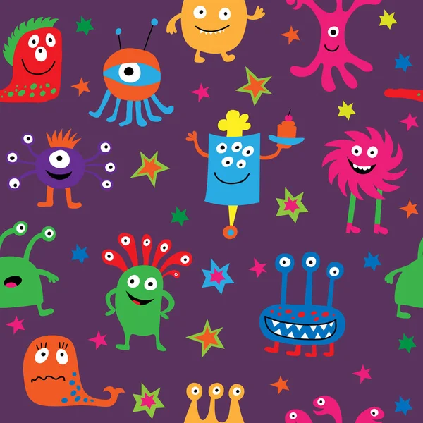 Cute seamless texture with funny monsters and stars — Stock Vector