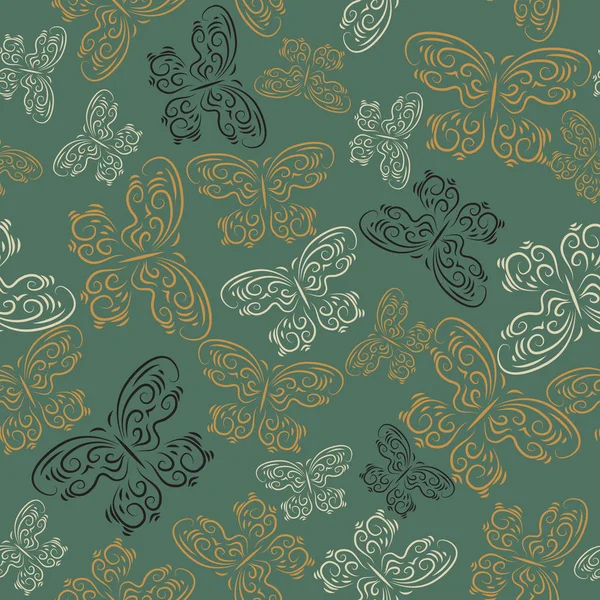 Texture sans couture mignon avec des papillons sur un fond vert — Image vectorielle