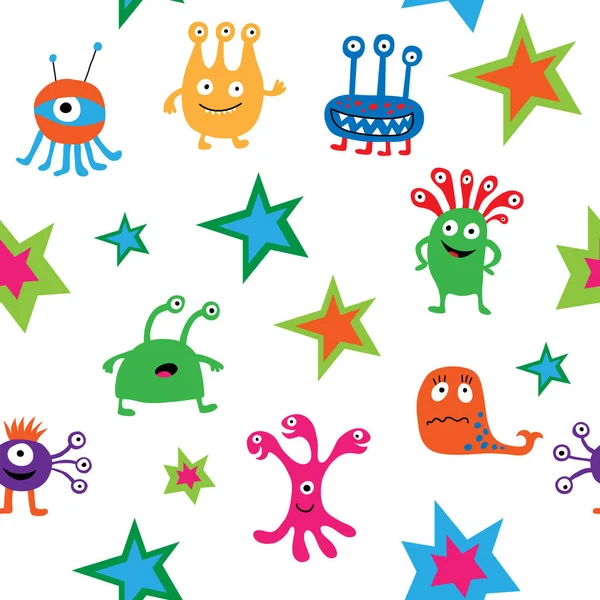 Cute bright seamless texture with aliens and stars — Stock Vector