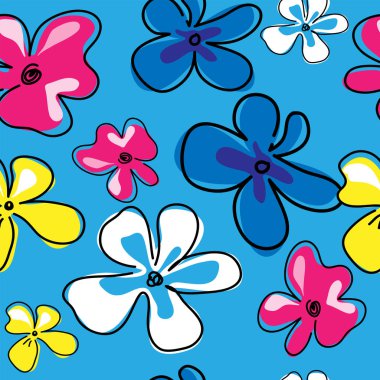 Mavi bir arka plan üzerinde renkli çiçeklerle sorunsuz doku