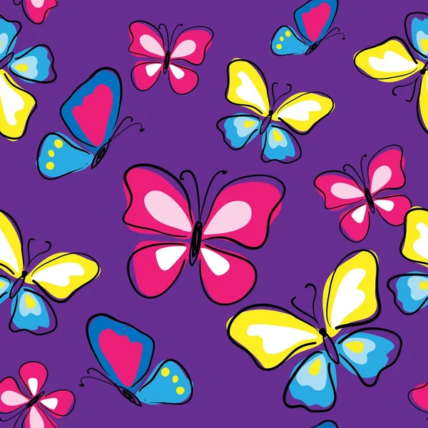 Texture senza cuciture con farfalle multicolori su uno schienale viola — Vettoriale Stock