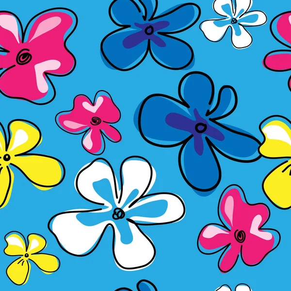 Texture sans couture avec des fleurs multicolores sur fond bleu — Image vectorielle