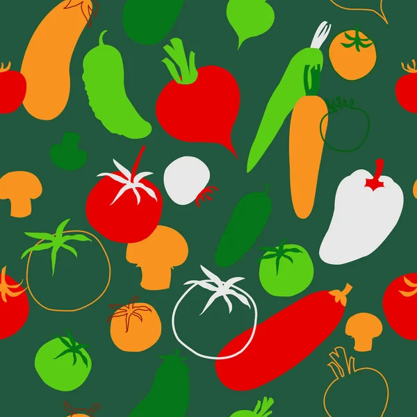 加上各种蔬菜在绿色背景上的无缝背景 — 图库矢量图片