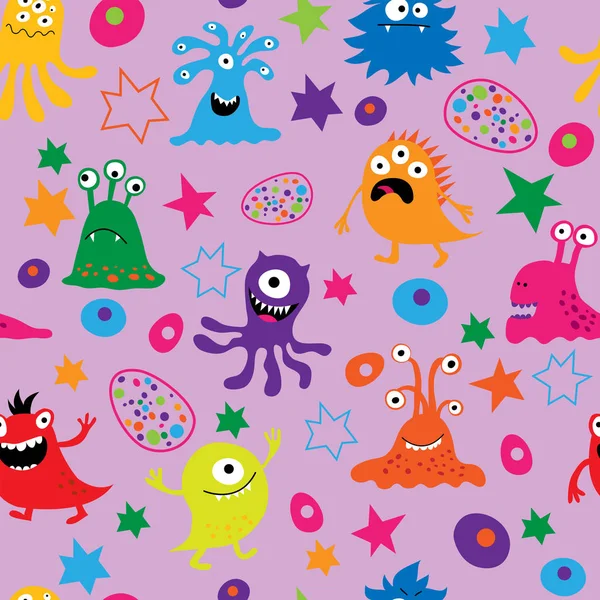 Cute seamless background with monsters and patterns — Stock Vector