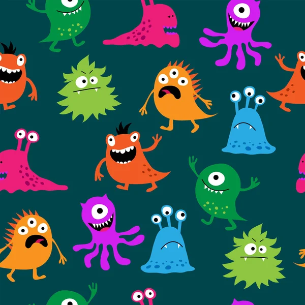 Cute seamless pattern with monsters on a green background — Stock Vector